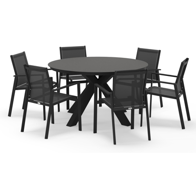 Tora tuinset rond in zwart aluminium en sintered stone zwart met 6 Bahia tuinstoelen