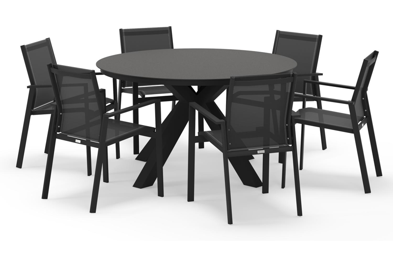 Tora tuinset rond in zwart aluminium en sintered stone zwart met 6 Bahia tuinstoelen