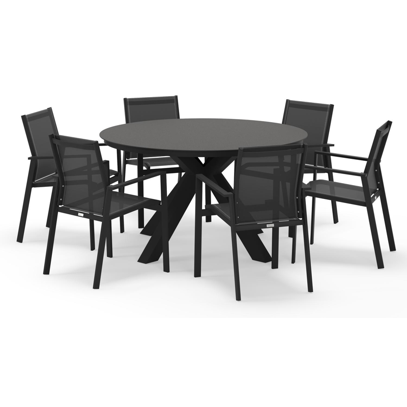 Tora tuinset rond in zwart aluminium en sintered stone zwart met 6 Bahia tuinstoelen