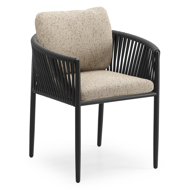 Organo tuinstoel in zwart aluminium en zwart verticaal geweven luxe vlakke rope met zitkussen in All Weather Cosytica Bora Jungle