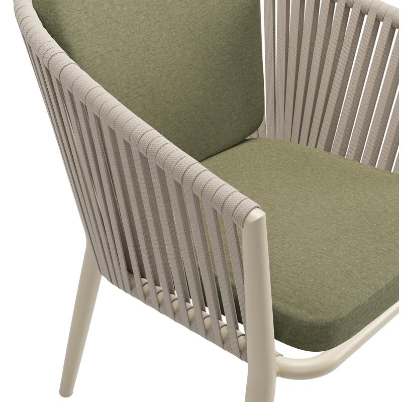 Chaise de jardin Orso en aluminium beige et corde plate tissée verticalement beige avec coussin en All Weather Sunbrella® Luxe Heritage Leaf