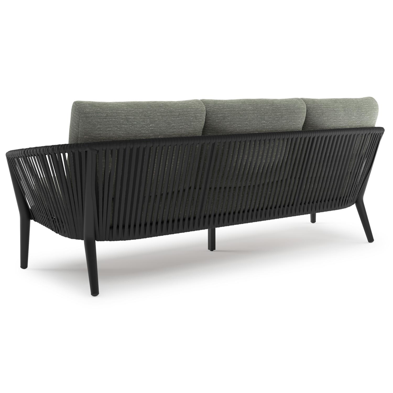 Orso loungeset in zwart aluminium en zwart verticaal geweven luxe vlakke rope met Slow Fern all weather sunbrella® luxe kussen