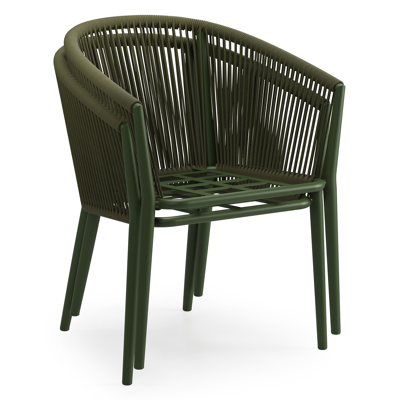 Orso tuinstoel in groen aluminium en groen verticaal geweven ronde rope met luxe zitkussen in All Weather Cosytica Madagascar Oak