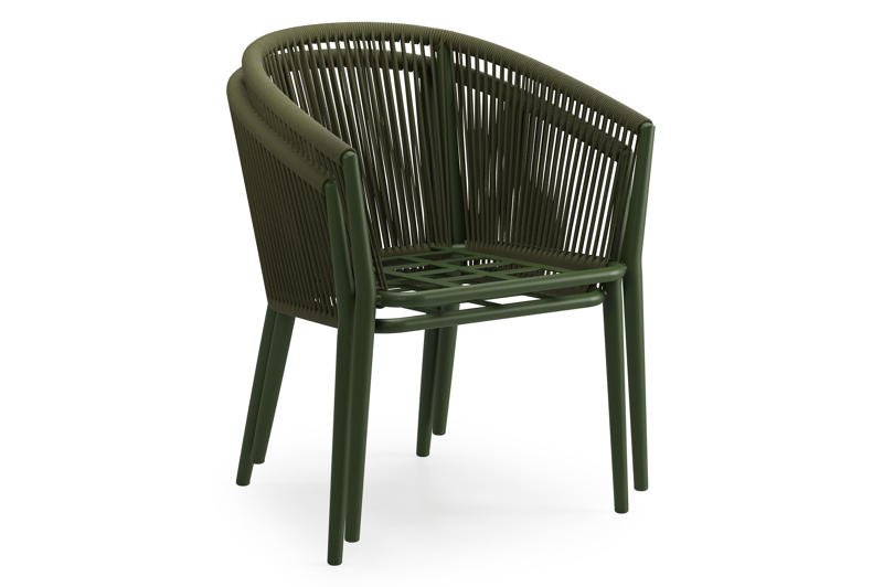 Orso tuinstoel in groen aluminium en groen verticaal geweven ronde rope met zitkussen in All Weather Sunbrella® Luxe Wander Granite