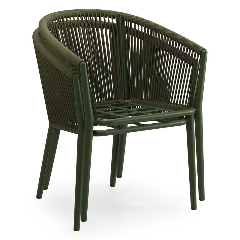 Orso tuinstoel in groen aluminium en groen verticaal geweven ronde rope met luxe zitkussen in All Weather Sunbrella® Luxe Tundra Sand