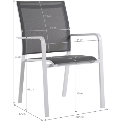 Trente tuinset in wit aluminium en volkeramiek grijs tafelblad met 8 stapelbare Calobra tuinstoelen