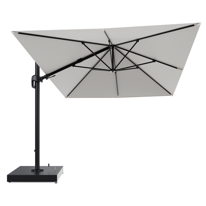 Parasol pendant Rufina avec fonction tilt en aluminium noir et toile de parasol All Weather Sunbrella® Luxe Natte White - Lg.1 400 x Lg.2 300 cm avec pied de parasol Minore 260 kg avec roulettes