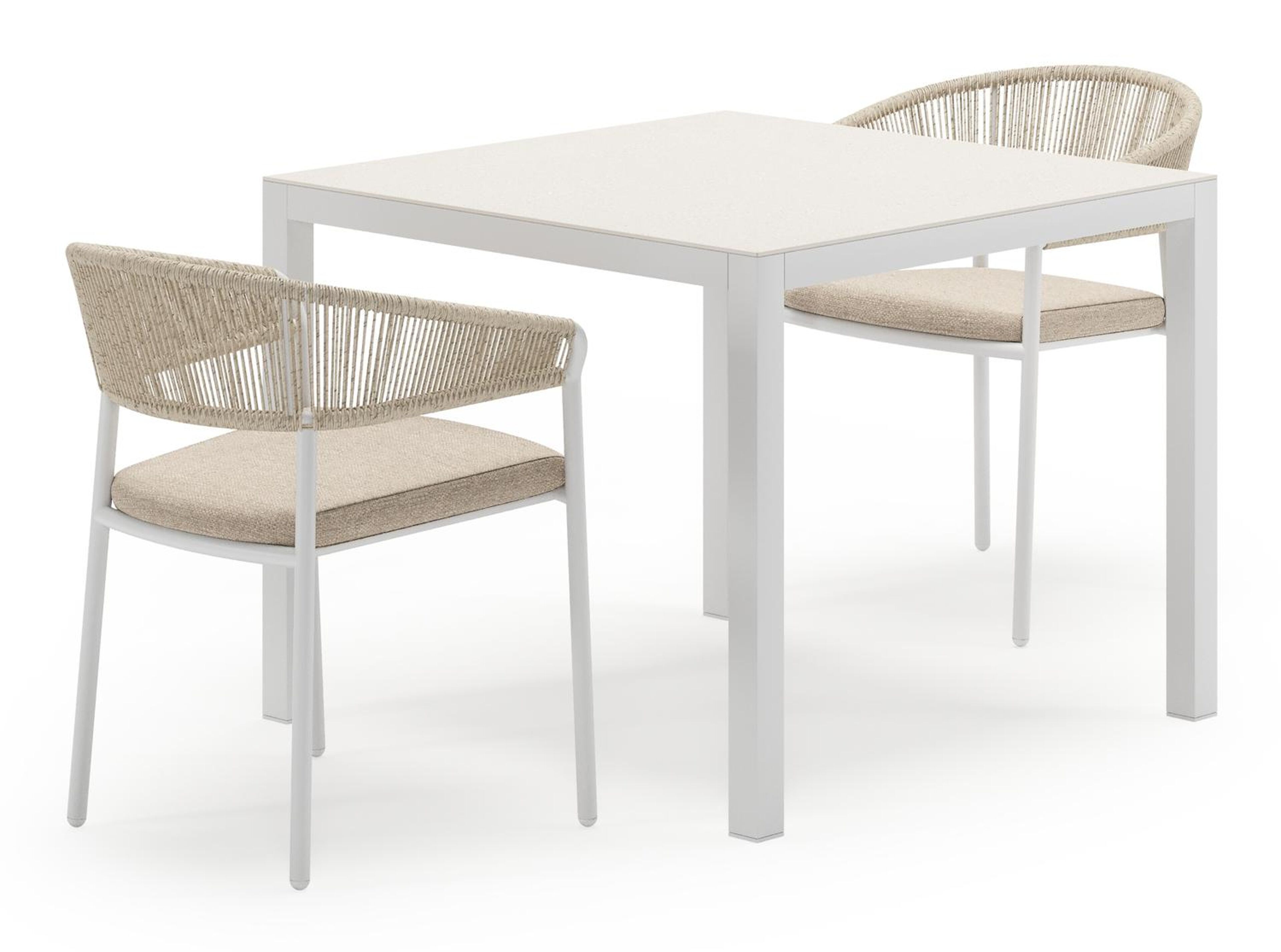 Feltro tuinset in wit aluminium en sintered stone Crema minerale met 2 Zamora tuinstoelen