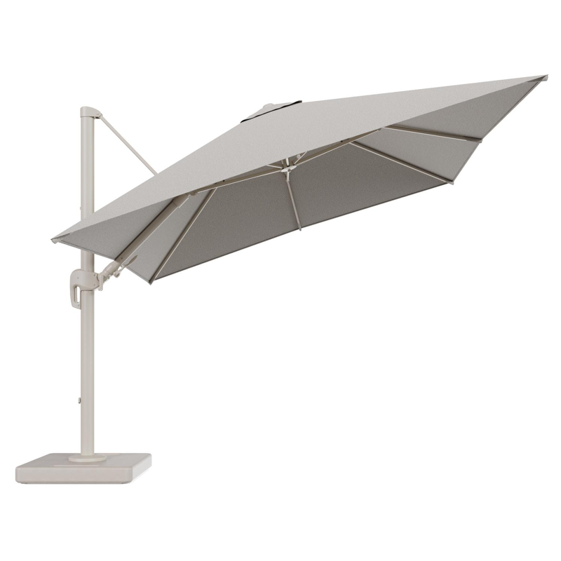 Parasol pendant Rufina avec fonction tilt en aluminium beige et toile de parasol en All Weather Solica Firenze Sand - Lg.1 300 x Lg.2 300 cm avec pied de parasol Lapido 160 kg