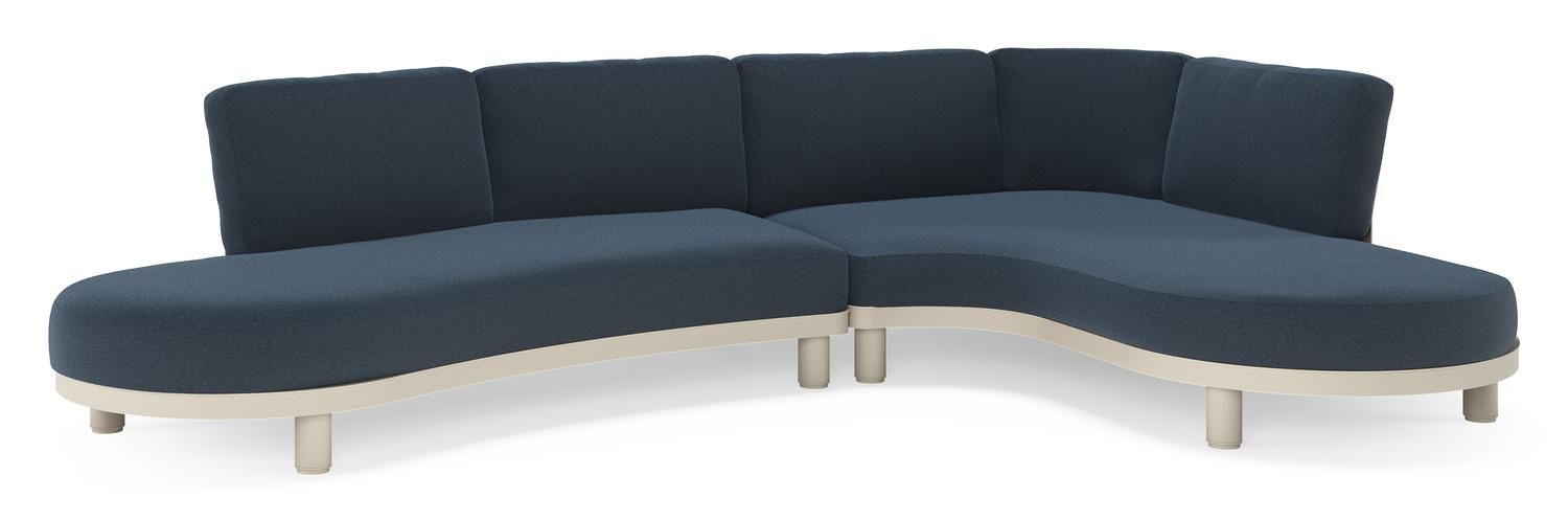 Salon de jardin d'angle Donato en aluminium beige et coussins en all weather sunbrella® luxe Heritage Indigo