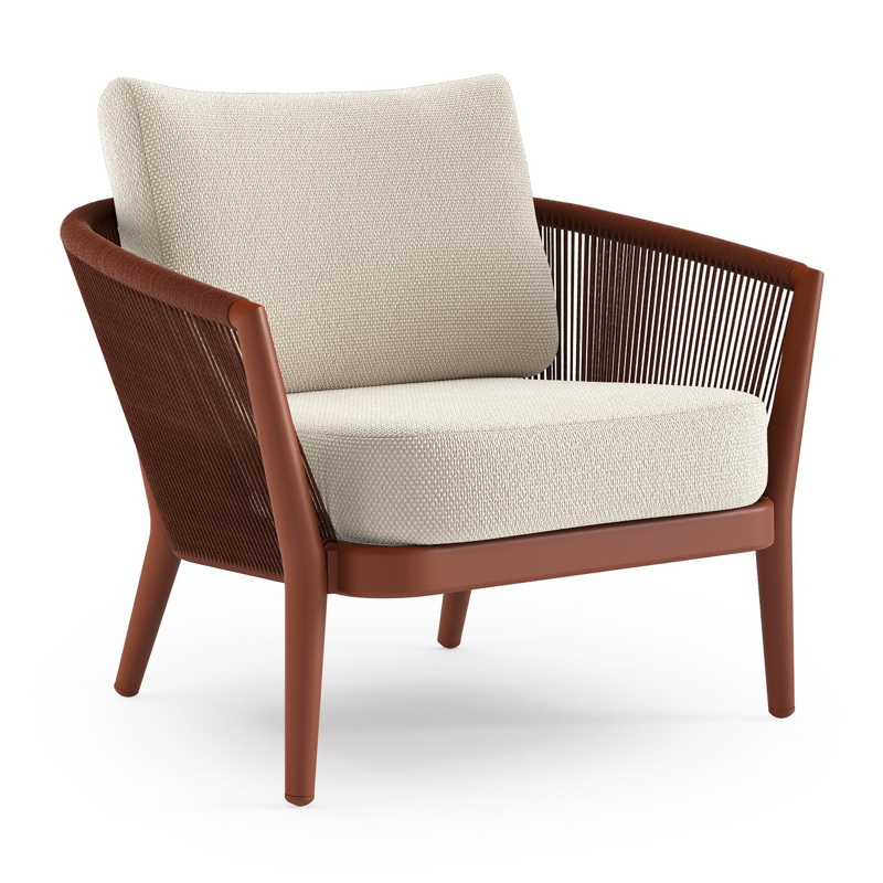 Fauteuil de jardin Orso en aluminium brun rouille en corde ronde tissée verticalement brun rouille et coussins en all weather cosytica Althea Off White