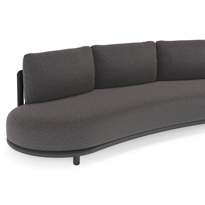 Canapé de jardin Lomano en aluminium noir et corde luxe plate tissée verticalement noir et coussins en all weather solica firenze tunder