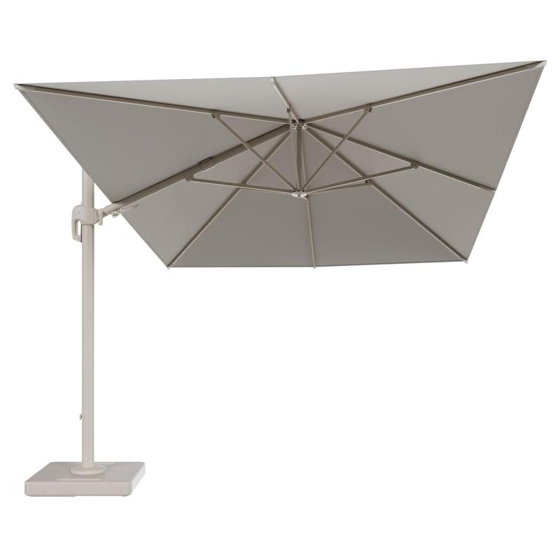Rufina zweefparasol tiltfunctie in beige aluminium en parasoldoek in All Weather Sunbrella® Luxe Lopi Marble - L1 400 x L2 300 cm met parasolvoet Lapido 160 kg