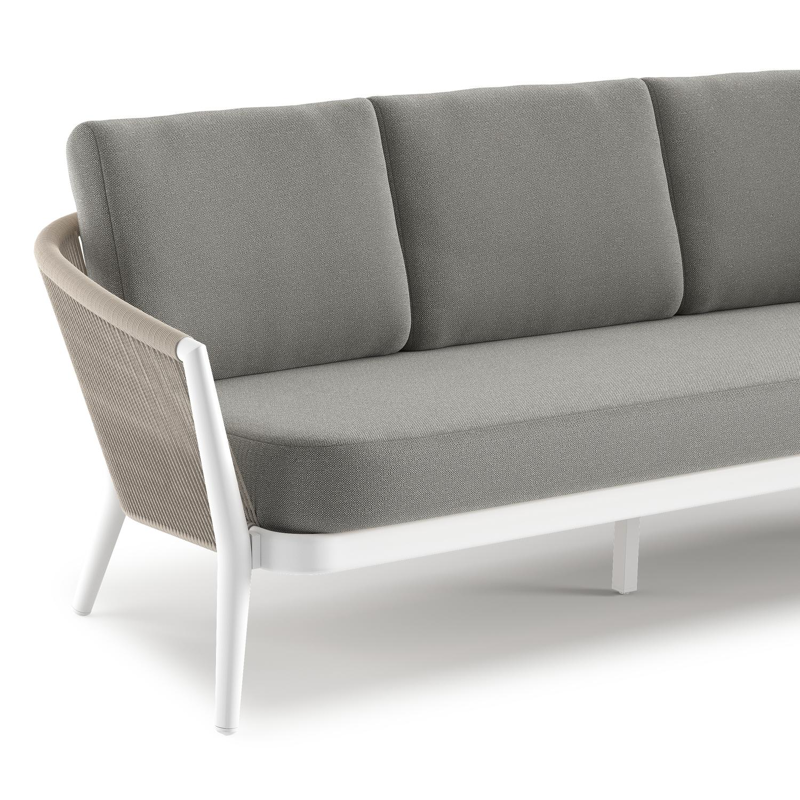 Canapé de jardin Orso en aluminium blanc en corde ronde tissée verticalement beige et coussins en all weather sunbrella® luxe Savane Zinc