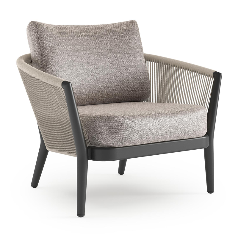 Orso loungestoel in zwart aluminium en beige verticaal geweven ronde rope met Wander Granite all weather sunbrella® luxe kussen