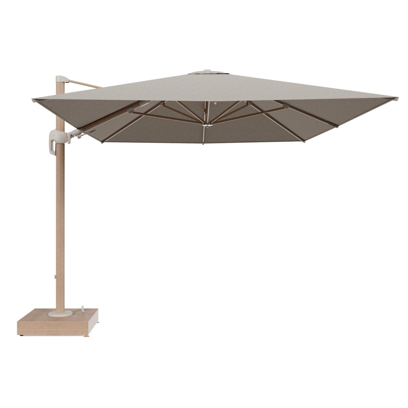 Rufina zweefparasol met tiltfunctie in houtlook aluminium en Chartres Pewter All Weather Sunbrella® Luxe parasoldoek - L1 400 x L2 300 cm met parasolvoet Minore 150 kg met wielen