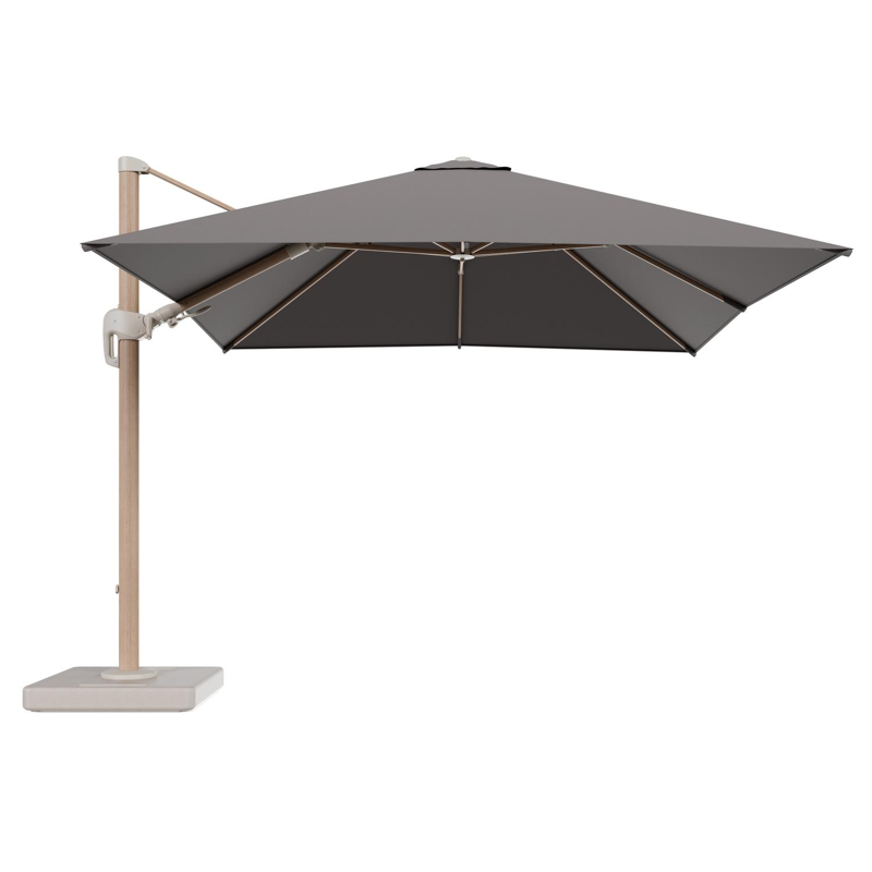 Rufina zweefparasol tiltfunctie in houtlook aluminium en parasoldoek in All Weather Sunbrella® Luxe Natte Nature Grey - L1 300 x L2 300 cm met parasolvoet Lapido 160 kg