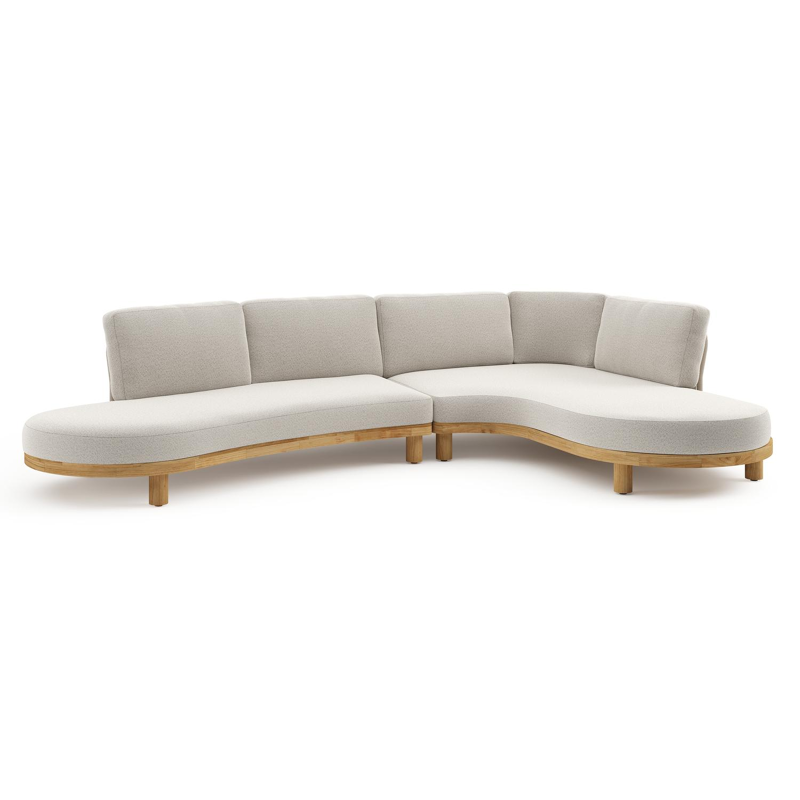 Donato loungehoek in teak en beige verticaal geweven ronde rope met all weather solica Firenze Natural kussen