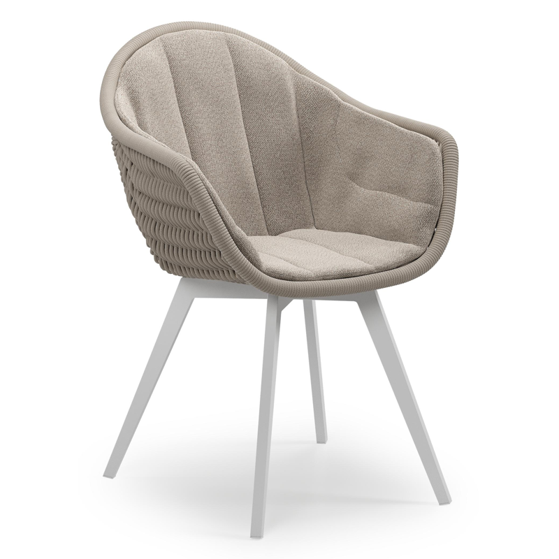 Pagino tuinstoel in wit aluminium en beige verticaal geweven ronde rope met zitkussen in All Weather Sunbrella® Luxe Savane Coconut