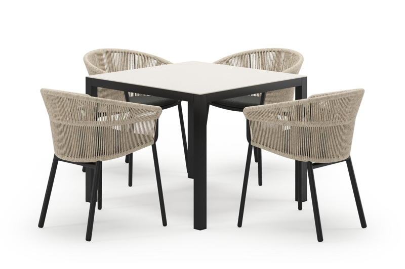 Feltro vierkante tuinset in zwart aluminium en sintered stone crema minerale met 4 Matera tuinstoelen