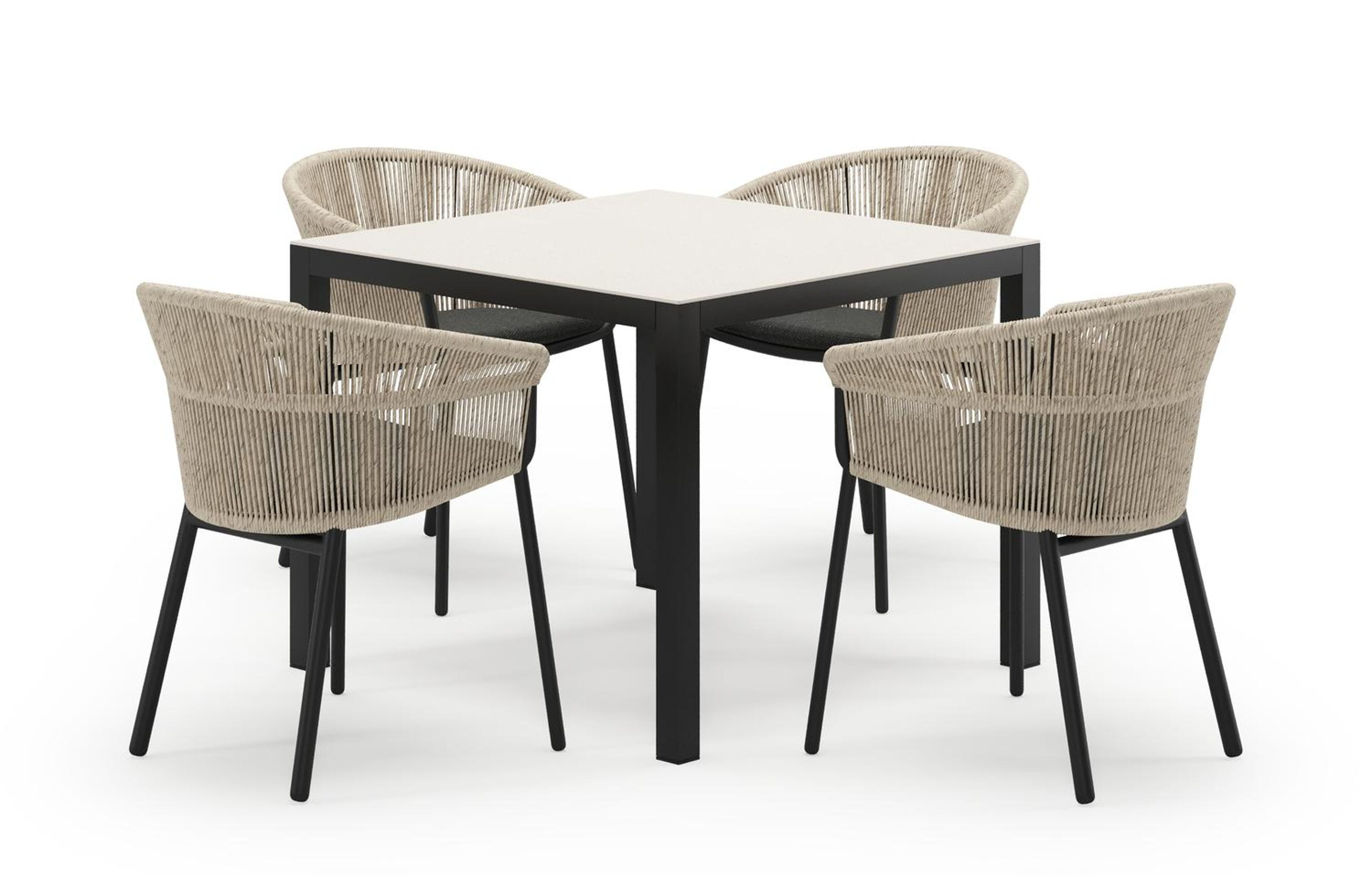 Feltro vierkante tuinset in zwart aluminium en sintered stone crema minerale met 4 Matera tuinstoelen