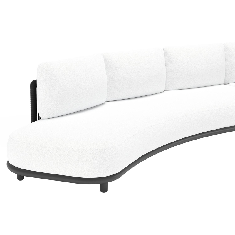 Salon de jardin d'angle Lomano en aluminium noir et corde luxe plate tissée verticalement noir et coussins en all weather solica ego birch