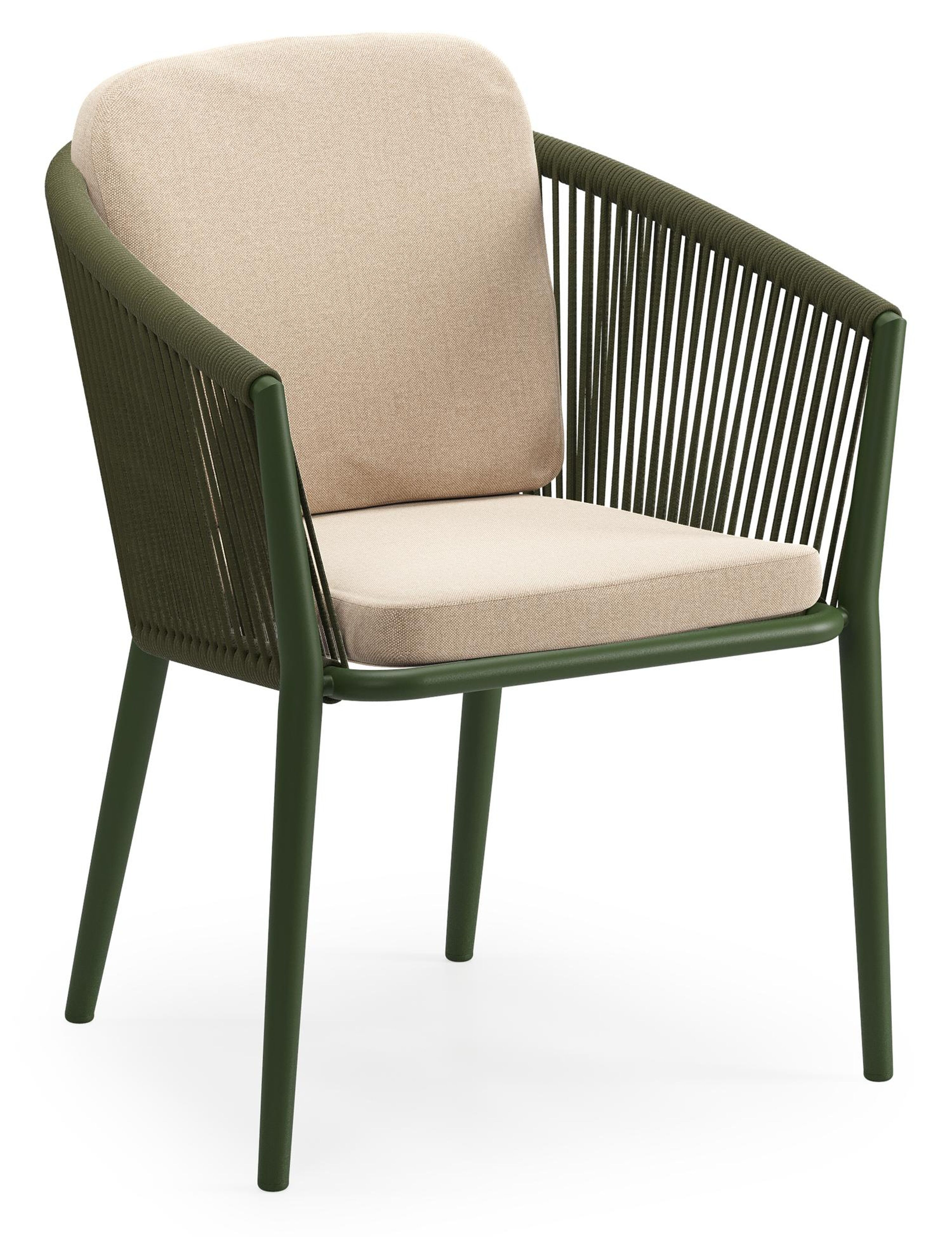 Chaise de jardin Orso en aluminium vert et corde ronde tissée verticalement vert avec coussin luxe en All Weather Sunbrella® Luxe Natte Heather Beige