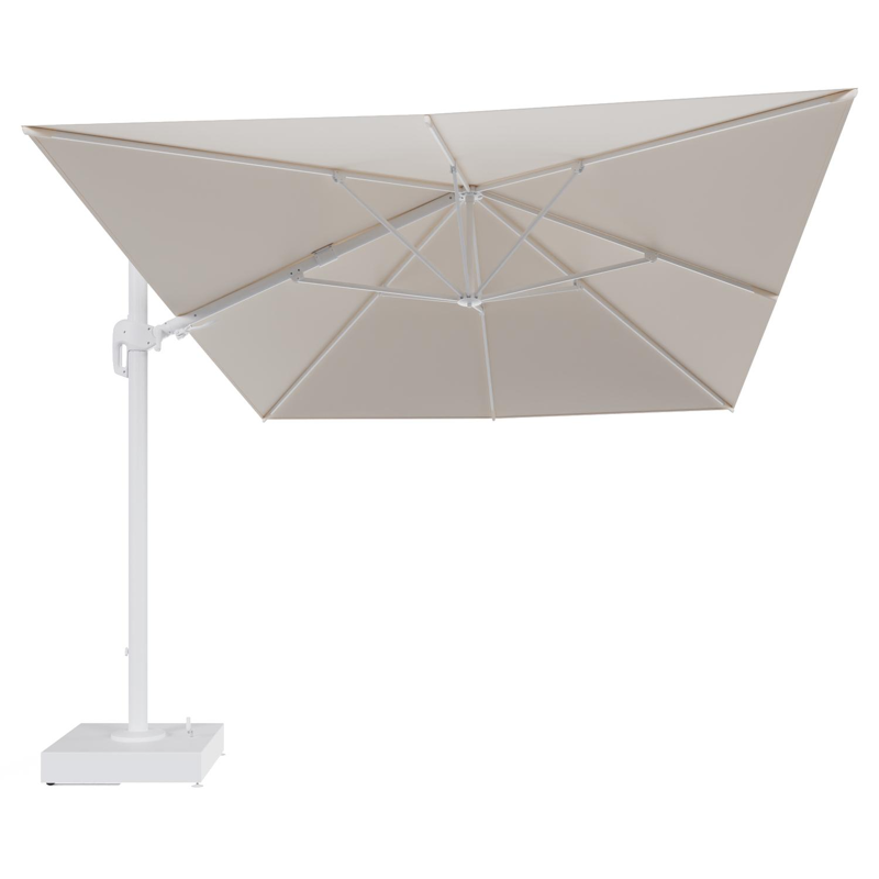 Rufina zweefparasol met tiltfunctie in wit aluminium en Natte Linen Chalk All Weather Sunbrella® Luxe parasoldoek - L1 400 x L2 300 cm met parasolvoet Minore 150 kg met wielen