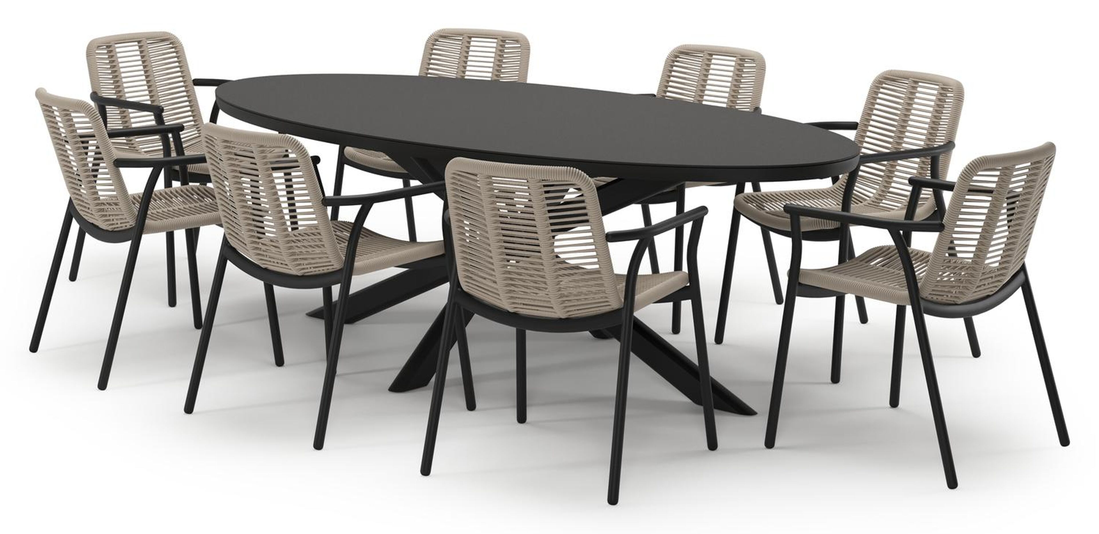 Pamplona tuinset in zwart aluminium en notte minerale sintered stone met 8 stapelbare Berga tuinstoelen