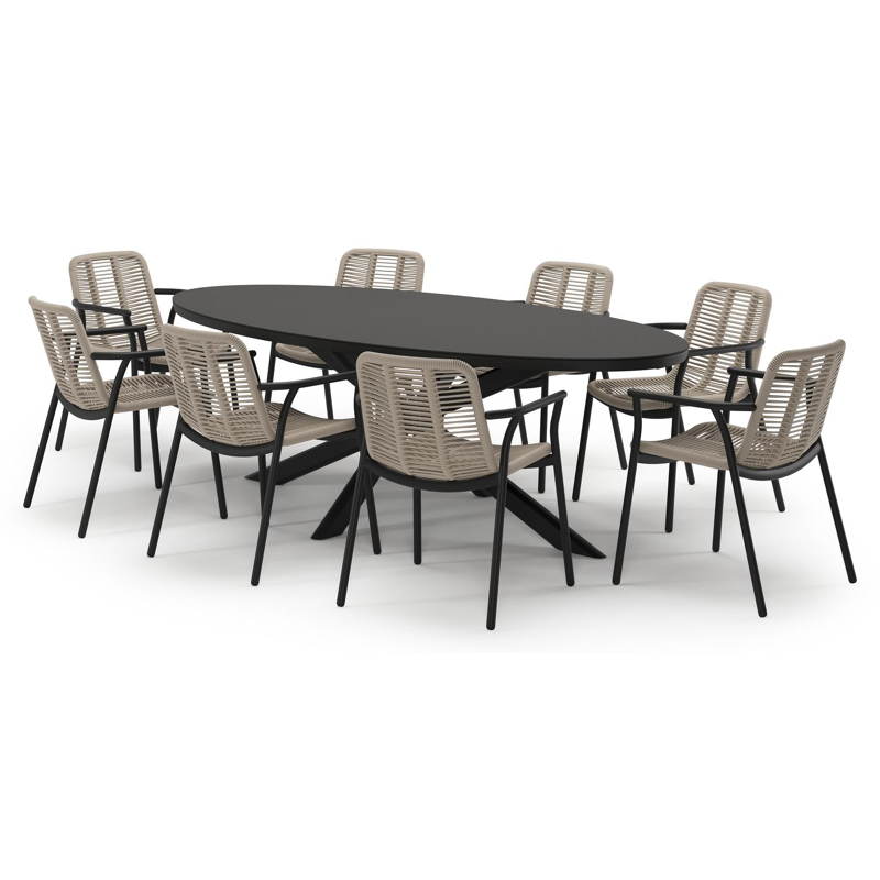 Pamplona tuinset in zwart aluminium en notte minerale sintered stone met 8 stapelbare Berga tuinstoelen