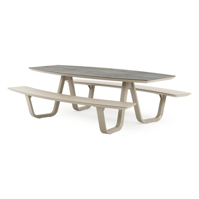 Forno picknicktafel bootvorm in beige aluminium en volkeramiek Aspen Grey - L 240 x B 181 x H 72 cm