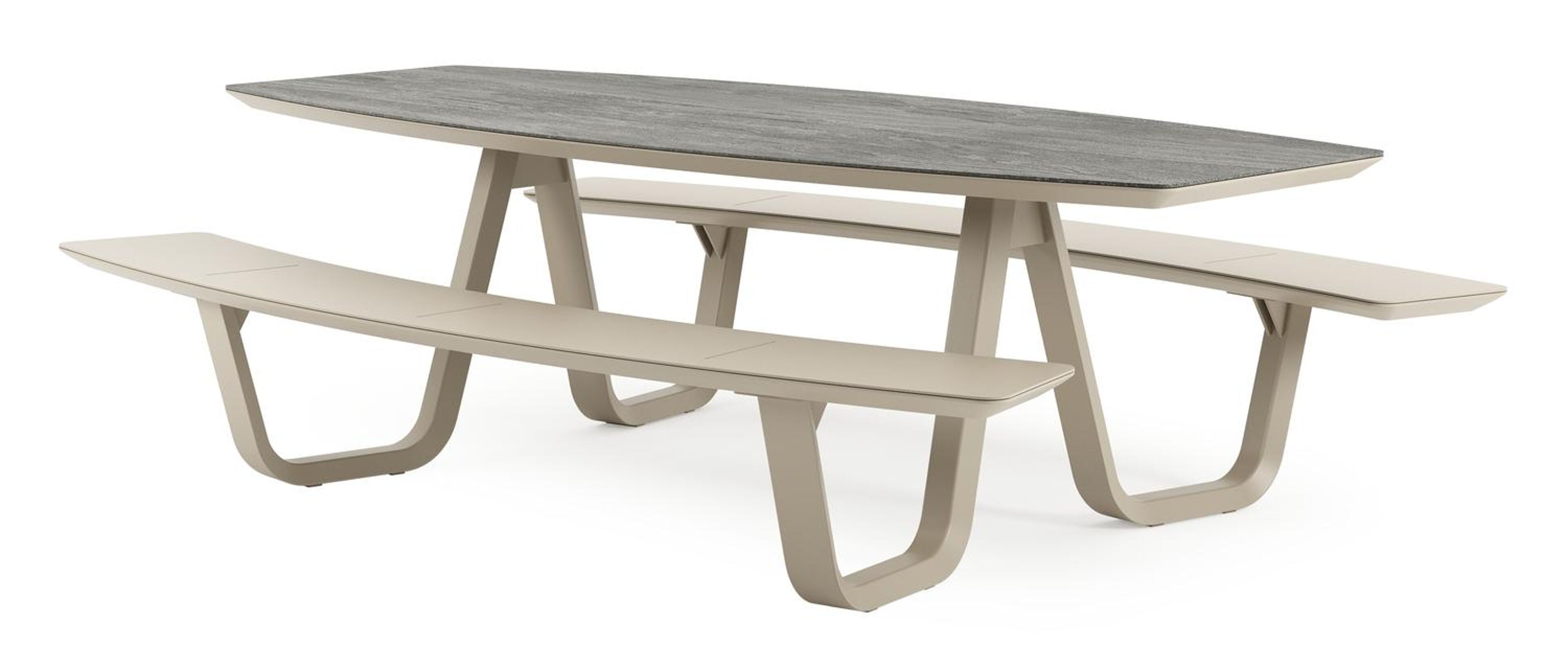 Table de pique-nique Forno forme de bateau forme de bateau en aluminium beige et céramique pleine Aspen Grey - Lg. 240 x Lrg. 181 x Haut. 72 cm