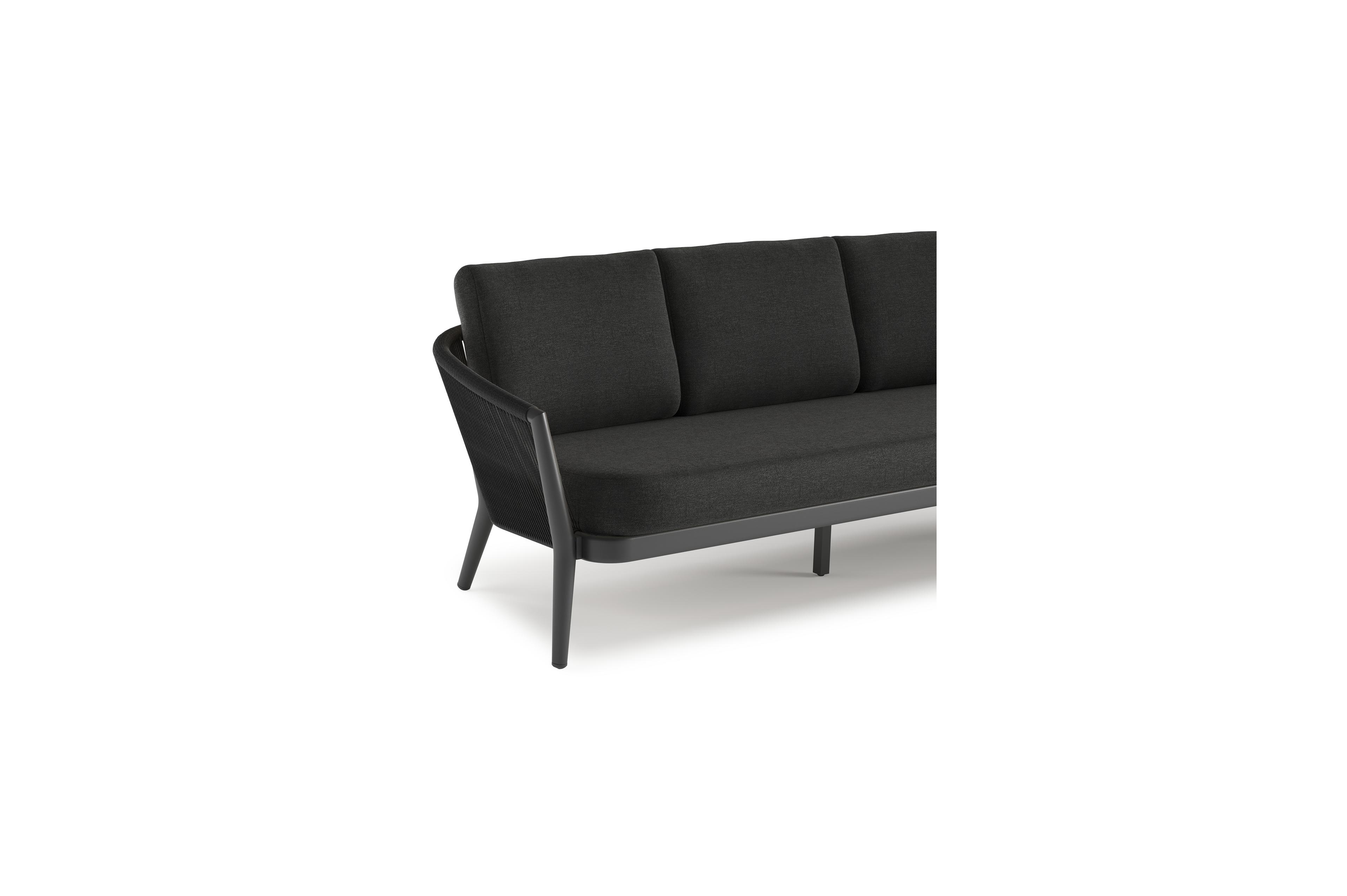 Orso loungeset in zwart aluminium en zwart verticaal geweven ronde rope met Chartres Sooty all weather sunbrella® luxe kussen