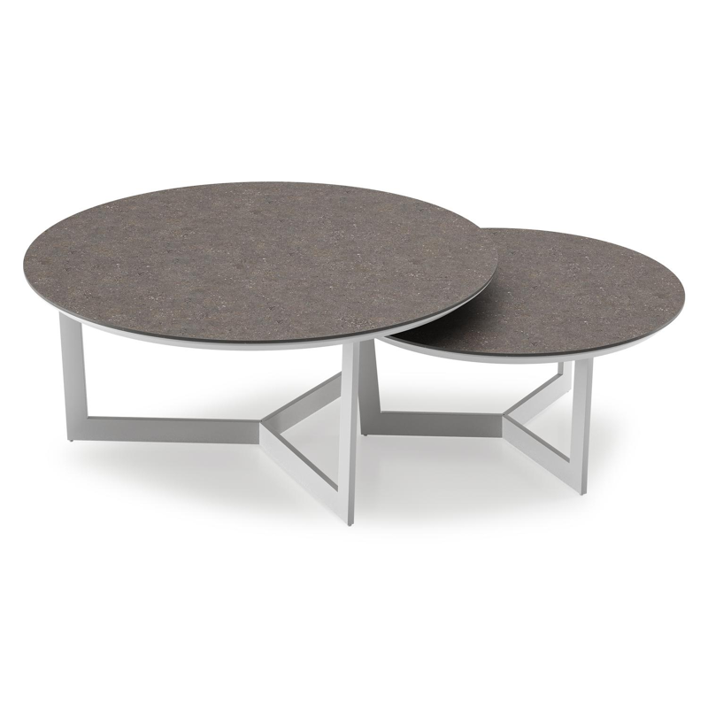 Lacrima set van 2 loungetafels rond in wit aluminium en volkeramiek Wulong - Dia. 85/65 x H 35/30 cm