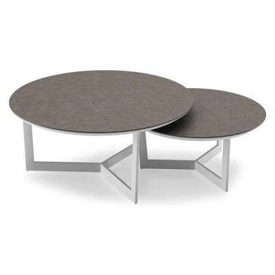 Lacrima set van 2 loungetafels rond in wit aluminium en volkeramiek Wulong - Dia. 85/65 x H 35/30 cm