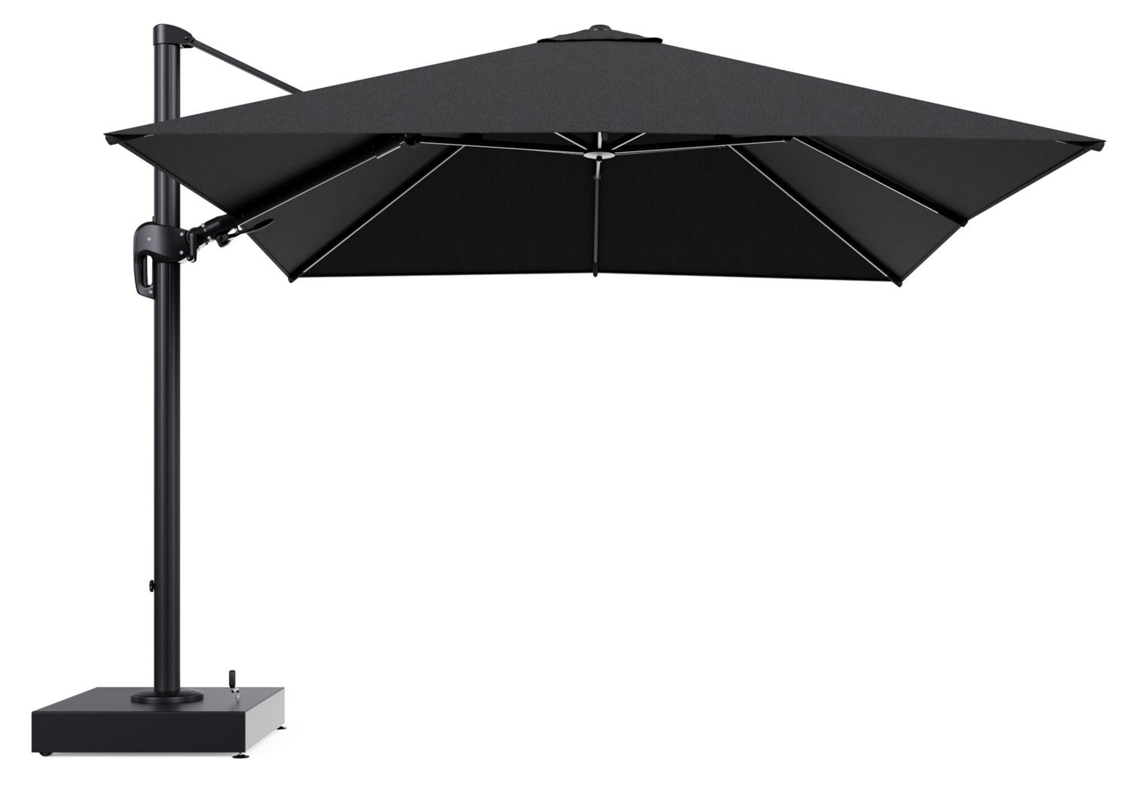 Rufina zweefparasol met tiltfunctie in zwart aluminium en Chartres Sooty All Weather Sunbrella® Luxe parasoldoek - L1 300 x L2 300 cm met parasolvoet Minore 150 kg met wielen