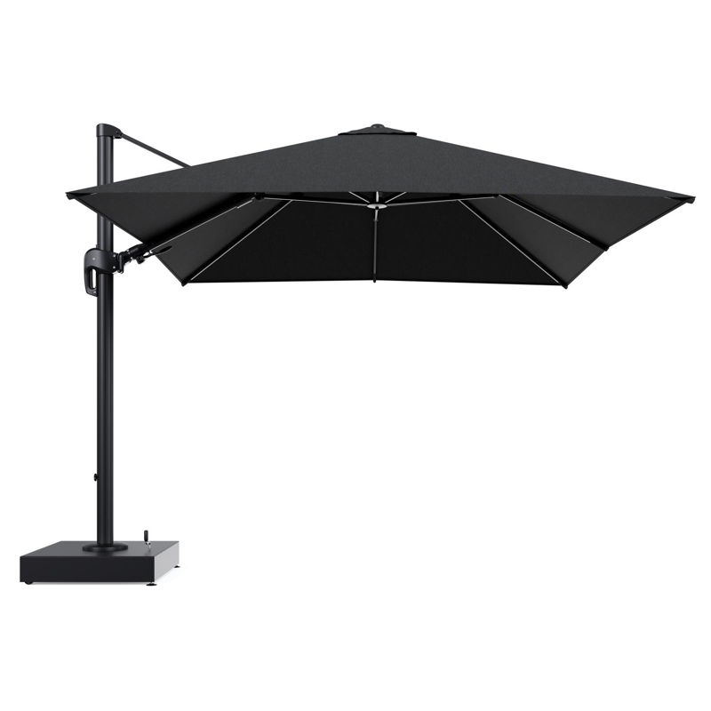 Rufina zweefparasol met tiltfunctie in zwart aluminium en Chartres Sooty All Weather Sunbrella® Luxe parasoldoek - L1 300 x L2 300 cm met parasolvoet Minore 150 kg met wielen