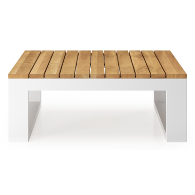 Table d'angle Verato en aluminium blanc et teck naturel - Lg 88 x larg. 88 x H 31,5 cm