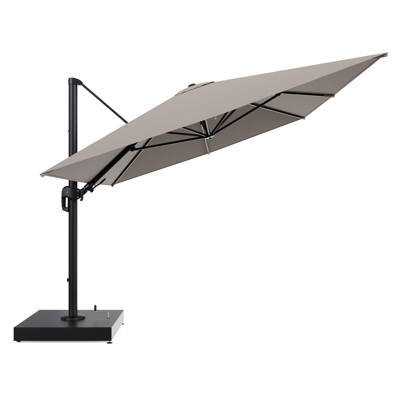 Rufina zweefparasol met tiltfunctie in zwart aluminium en Firenze Earth All Weather Solica parasoldoek - L1 400 x L2 300 cm met parasolvoet Minore 260 kg met wielen
