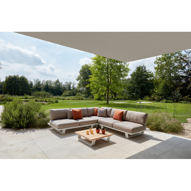 Pagino loungetafel / poef in wit aluminium en naturel teak - L 79,5 x B 79,5 x H 21 cm