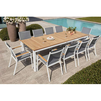 Trente tuinset in wit aluminium en teak naturel tafelblad met 10 stapelbare Amalfi tuinstoelen