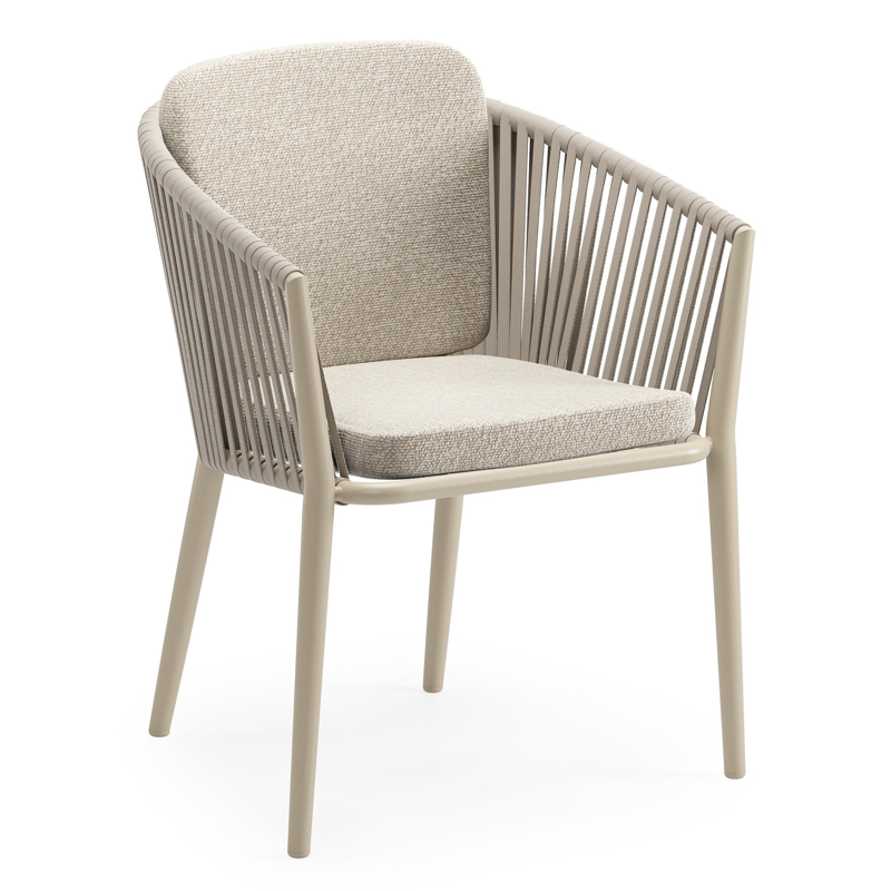 Chaise de jardin Orso en aluminium beige et corde plate tissée verticalement beige avec coussin en All Weather Cosytica Marbella Ecru