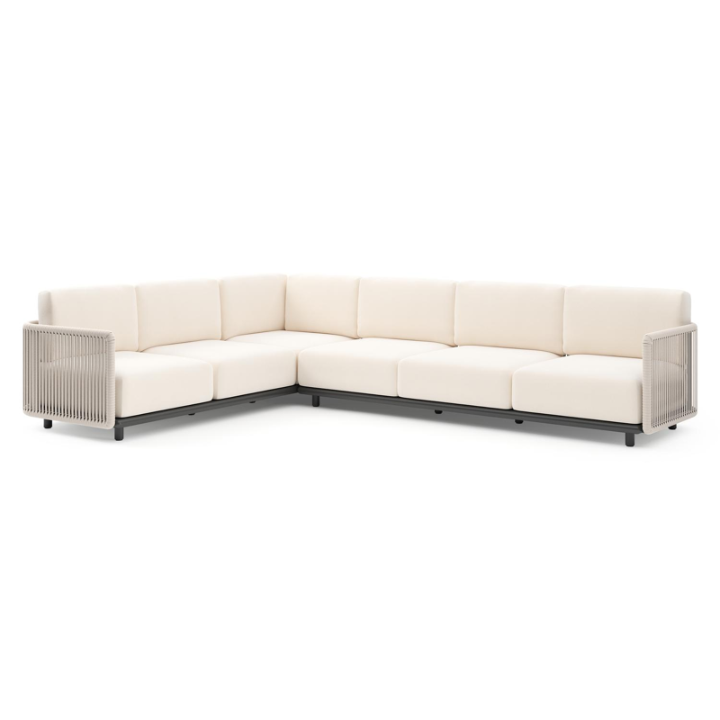 Organo loungehoek in zwart aluminium en beige verticaal geweven luxe vlakke rope met lopi snow all weather Sunbrella® luxe kussen