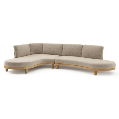 Donato loungehoek in teak en beige verticaal geweven ronde rope met all weather cosytica Bora Jungle kussen