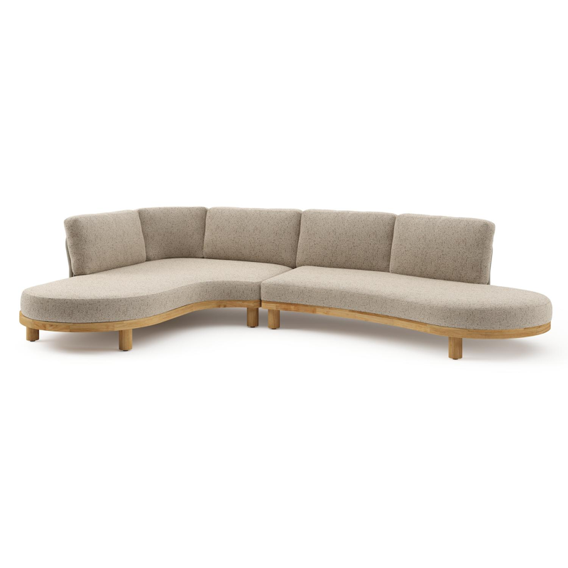 Donato loungehoek in teak en beige verticaal geweven ronde rope met all weather cosytica Bora Jungle kussen