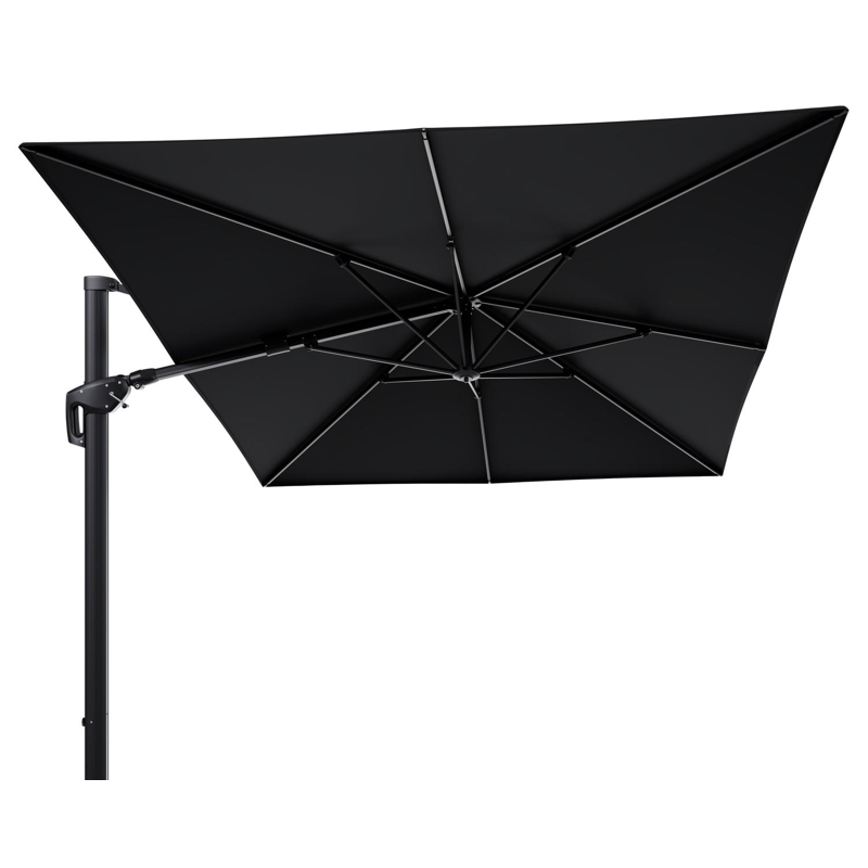 Minore zweefparasol met tiltfunctie in zwart aluminium met zwart all weather sunbrella® premium parasoldoek - L1 400 x L2 300 cm (zonder voet)