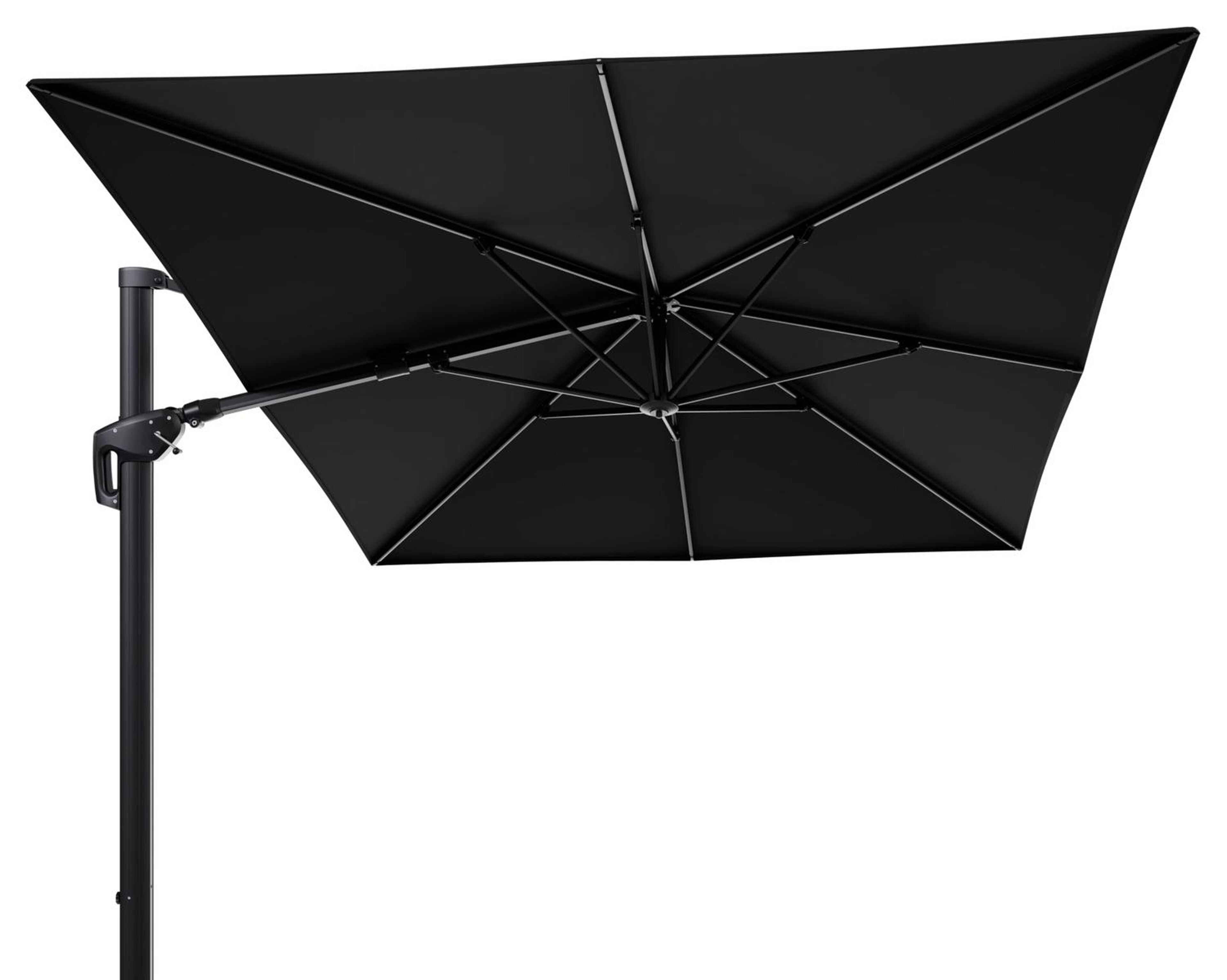 Parasol pendant Minore avec fonction tilt en aluminium noir avec toile de parasol en all weather sunbrella® premium noir - Lg.1 400 x Lg.2 300 cm (sans pied de parasol)