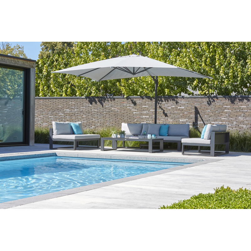 Parasol pendant Rufina en aluminium noir avec toile de parasol en all weather sunbrella® luxe natte grey chine - Larg1 400 x Larg2 300 cm (sans pied de parasol)