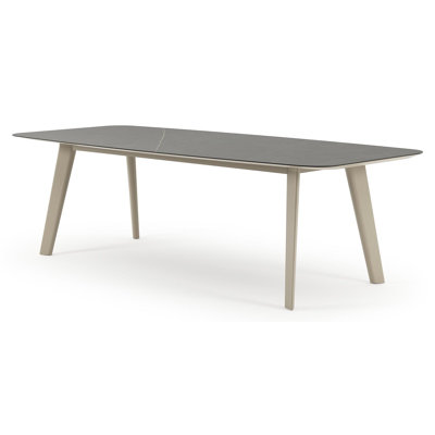 Table de jardin Lacrima forme de bateau en aluminium beige et céramique pleine Calatorao - Lg. 255 x Lrg. 115 x Haut. 74 cm