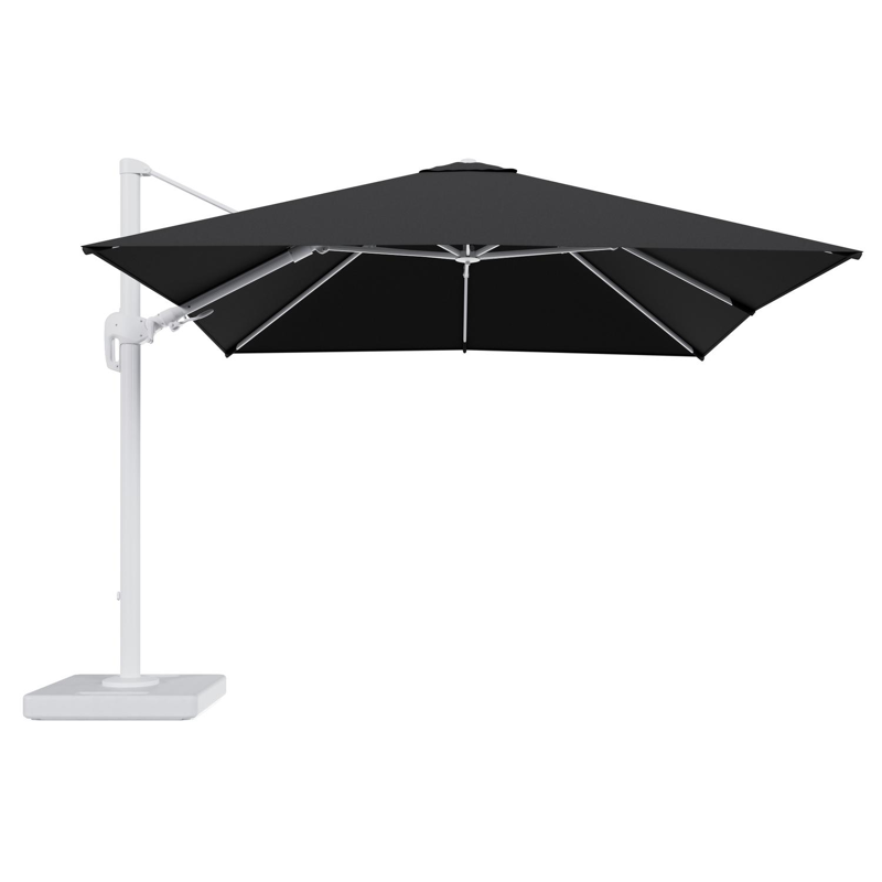 Rufina zweefparasol tiltfunctie in wit aluminium en parasoldoek in All Weather Sunbrella® Luxe Natte Sooty - L1 300 x L2 300 cm met parasolvoet Lapido 160 kg